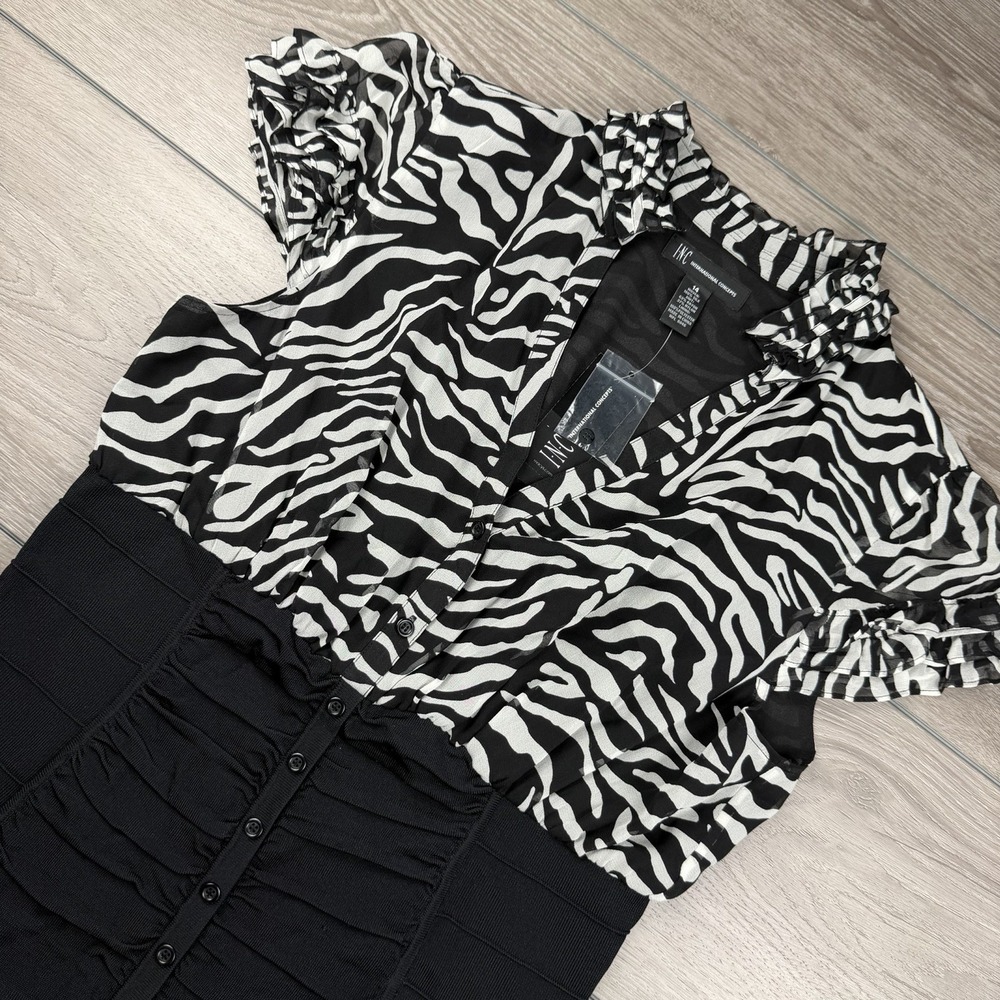 INC Women's 100% Silk Ruffled V Neck Ruched Bodice Zebra Blouse 14 New